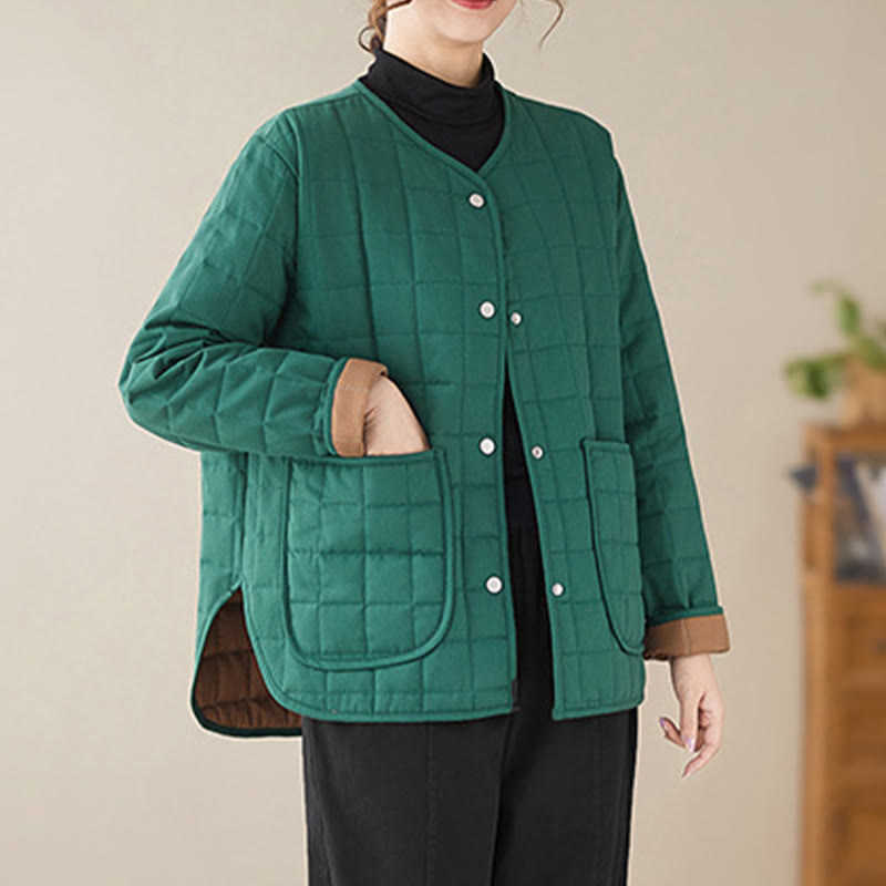 Retro Plain Women's Thick Cotton Long Sleeve Coat Jacket With Pockets - Image 15