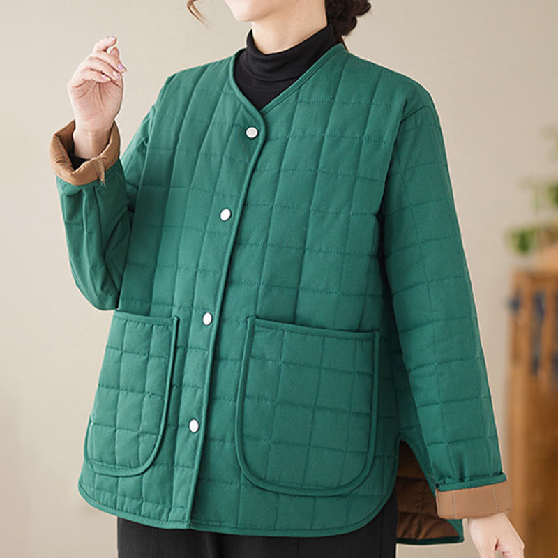 Retro Plain Women's Thick Cotton Long Sleeve Coat Jacket With Pockets - Image 20