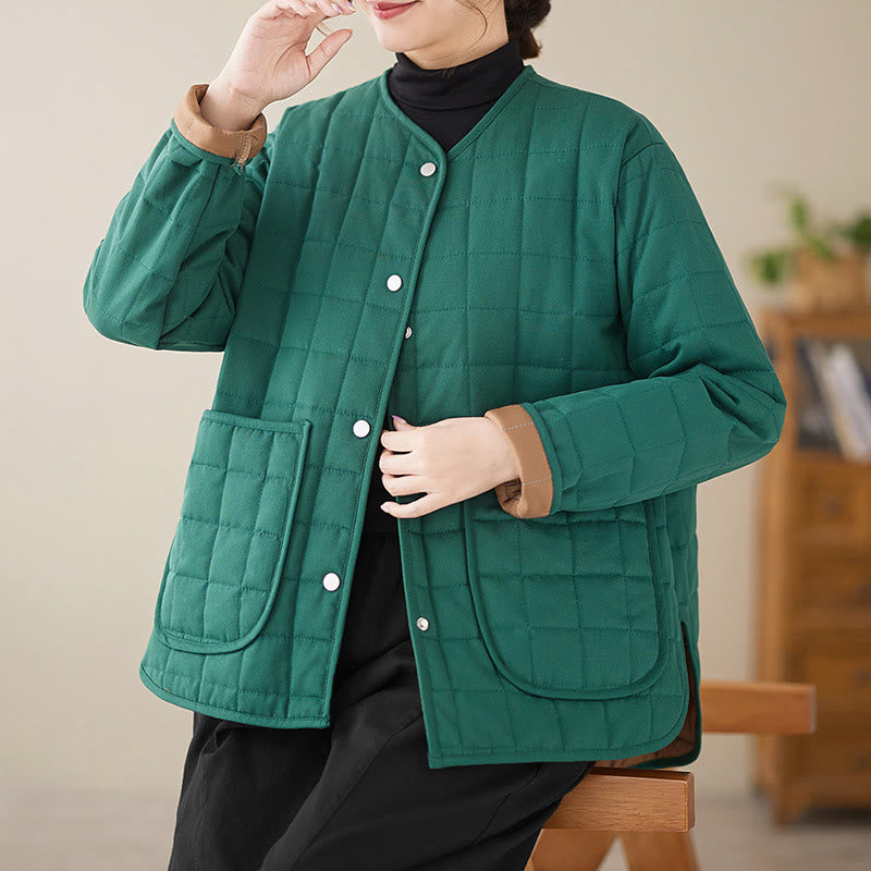 Retro Plain Women's Thick Cotton Long Sleeve Coat Jacket With Pockets - Image 21
