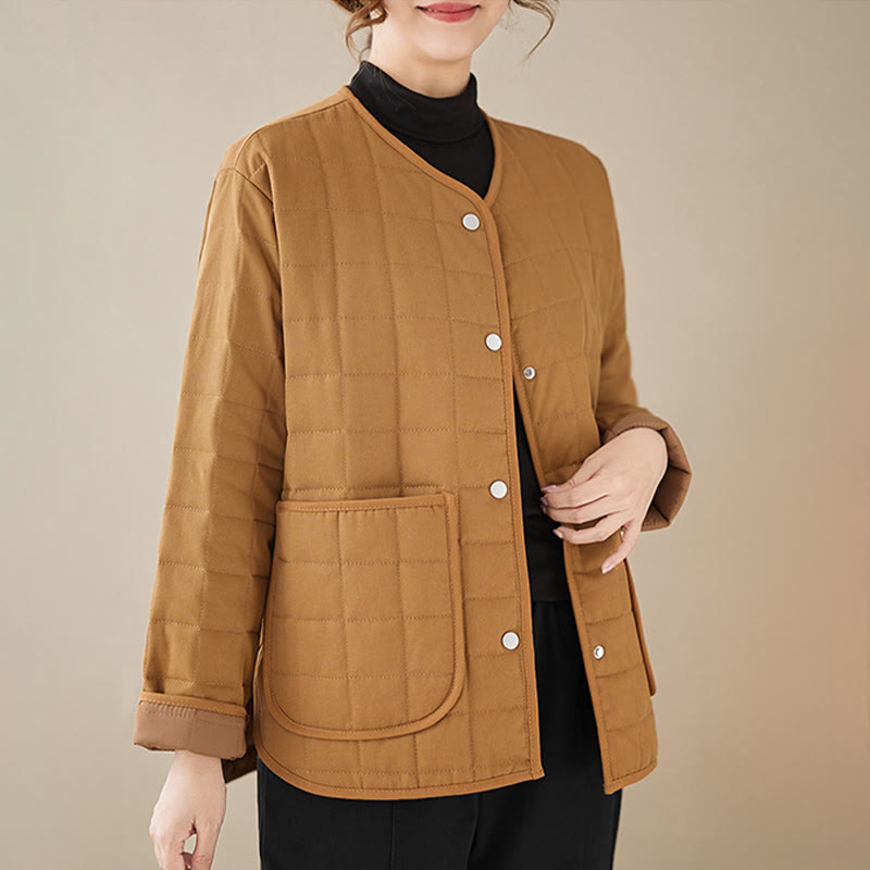 Retro Plain Women's Thick Cotton Long Sleeve Coat Jacket With Pockets - Image 28