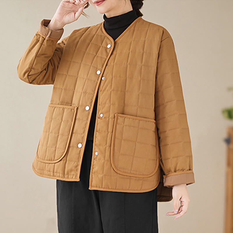 Retro Plain Women's Thick Cotton Long Sleeve Coat Jacket With Pockets - Image 22
