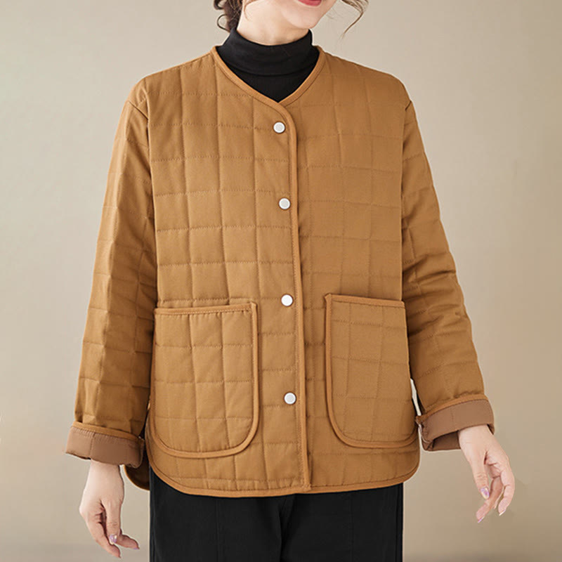 Retro Plain Women's Thick Cotton Long Sleeve Coat Jacket With Pockets - Image 24