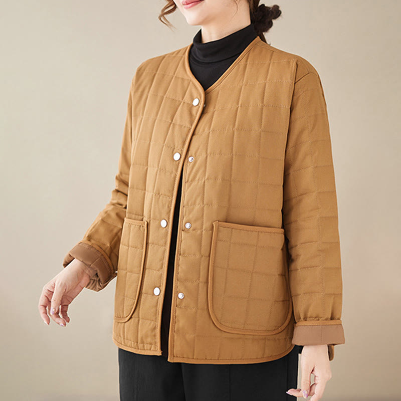 Retro Plain Women's Thick Cotton Long Sleeve Coat Jacket With Pockets - Image 26