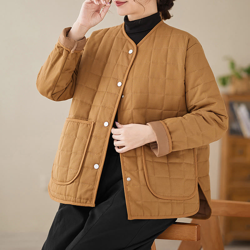 Retro Plain Women's Thick Cotton Long Sleeve Coat Jacket With Pockets - Image 23