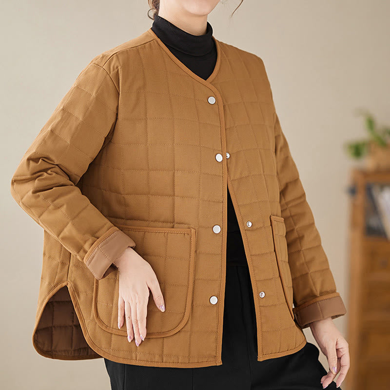 Retro Plain Women's Thick Cotton Long Sleeve Coat Jacket With Pockets - Image 25