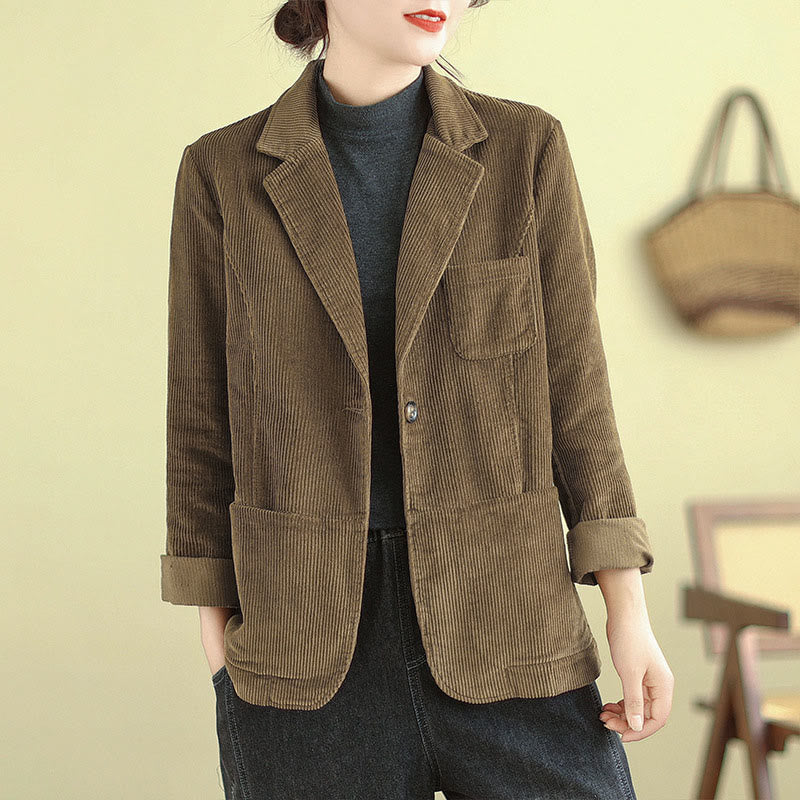 Retro Plain Women's Cotton Long Sleeve Corduroy Jacket With Pockets