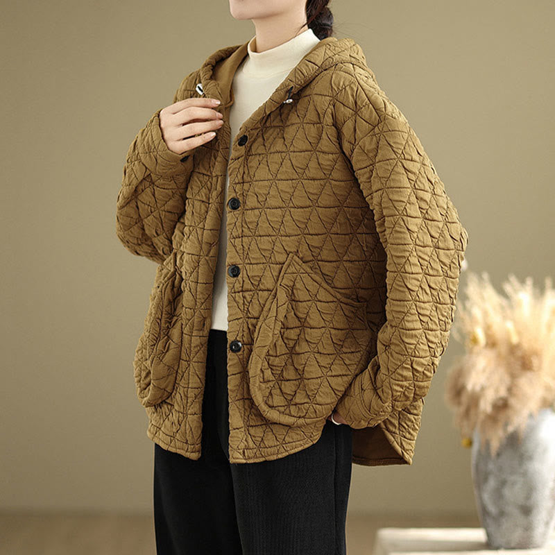 Retro Rhombic Pattern Women's Acrylic Hooded Long Sleeve Jacket