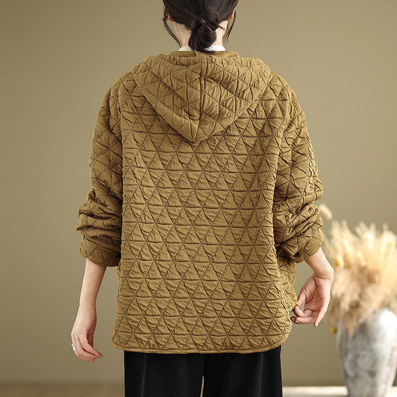 Retro Rhombic Pattern Women's Acrylic Hooded Long Sleeve Jacket - Image 6