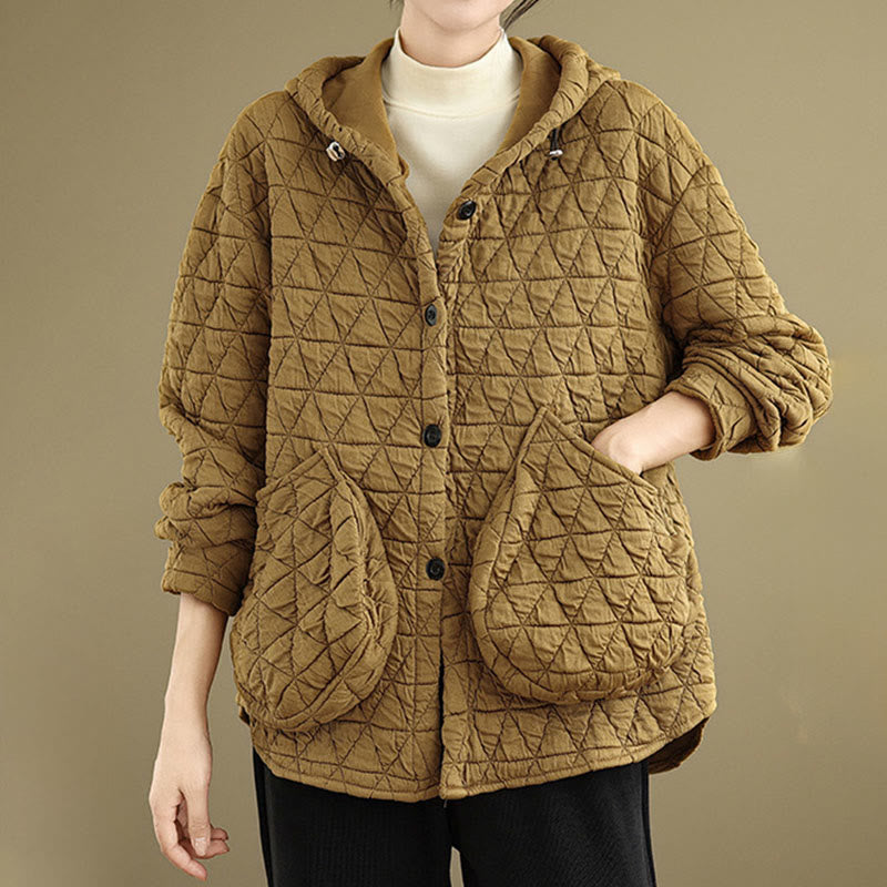 Retro Rhombic Pattern Women's Acrylic Hooded Long Sleeve Jacket - Image 3