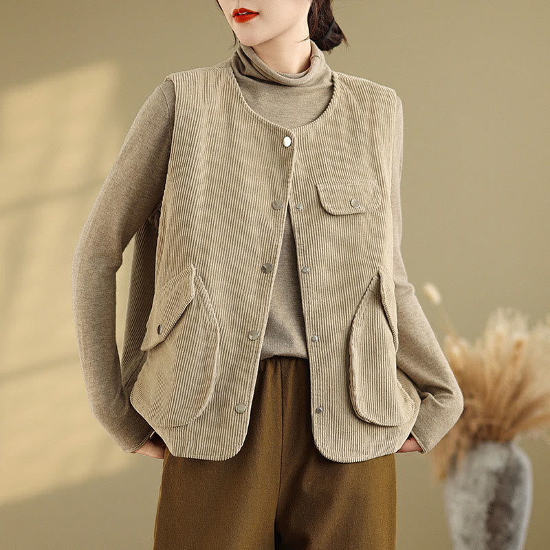 Sleeveless Buttons Women's Cotton Vest Corduroy Waistcoat With Pockets