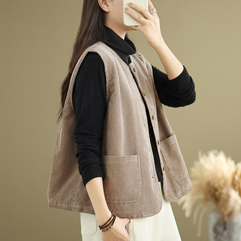 Corduroy Buttons Women's Sleeveless Cotton Vest Waistcoat With Pockets - Image 5