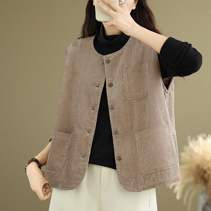 Corduroy Buttons Women's Sleeveless Cotton Vest Waistcoat With Pockets - Image 6