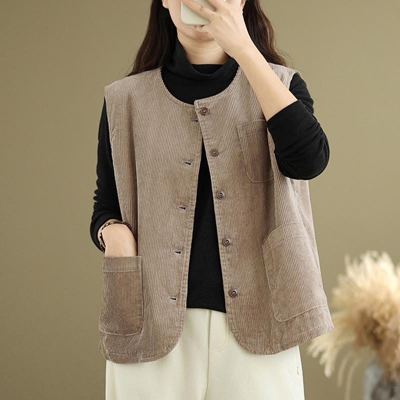 Corduroy Buttons Women's Sleeveless Cotton Vest Waistcoat With Pockets - Image 3