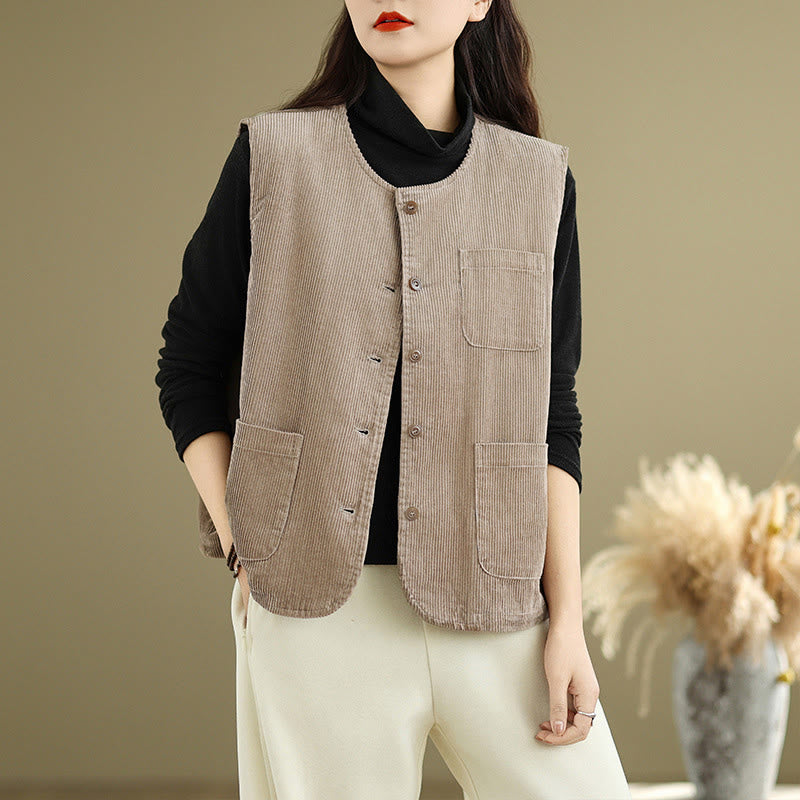 Corduroy Buttons Women's Sleeveless Cotton Vest Waistcoat With Pockets