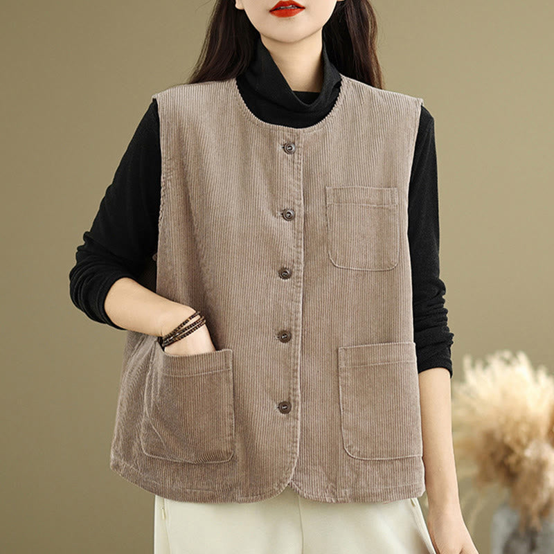Corduroy Buttons Women's Sleeveless Cotton Vest Waistcoat With Pockets - Image 4