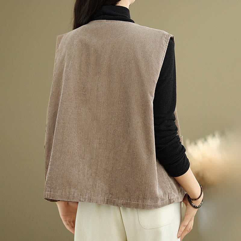 Corduroy Buttons Women's Sleeveless Cotton Vest Waistcoat With Pockets - Image 7