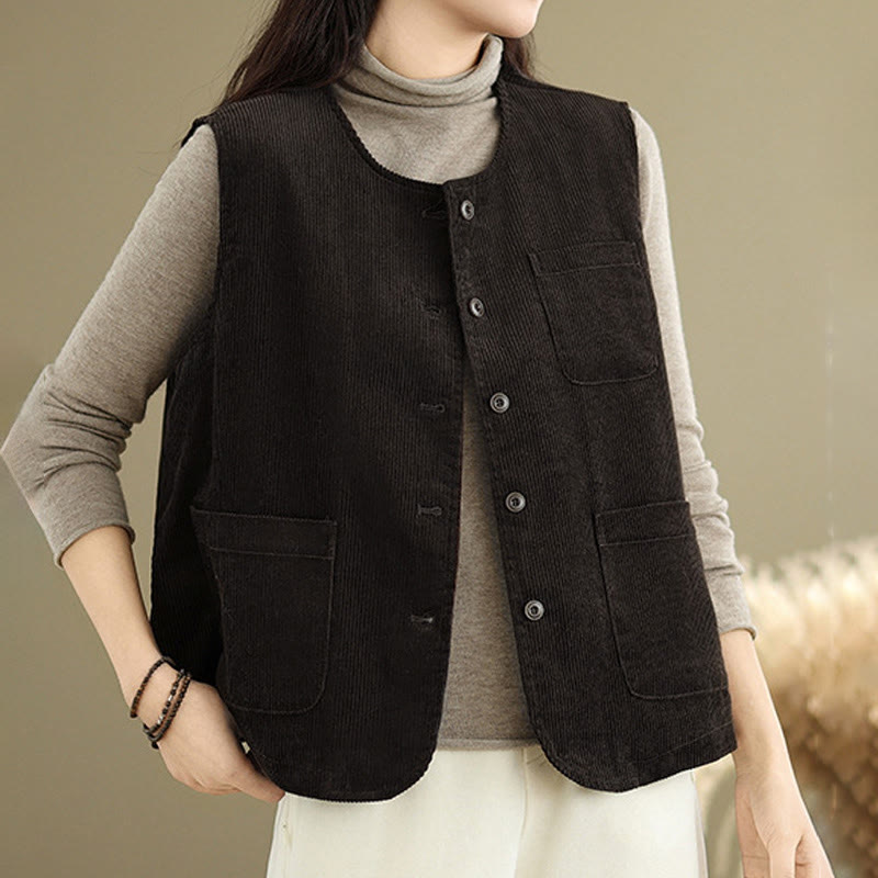 Corduroy Buttons Women's Sleeveless Cotton Vest Waistcoat With Pockets - Image 8