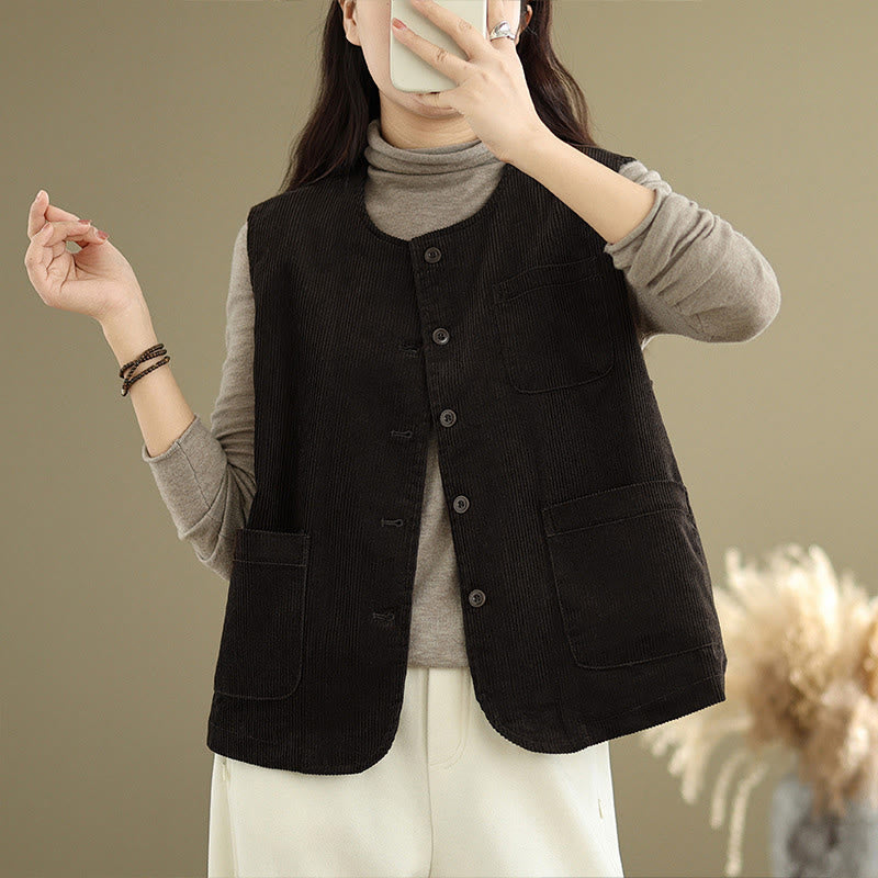 Corduroy Buttons Women's Sleeveless Cotton Vest Waistcoat With Pockets - Image 10
