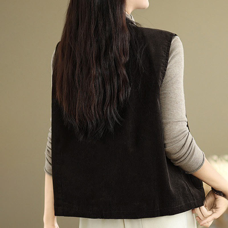 Corduroy Buttons Women's Sleeveless Cotton Vest Waistcoat With Pockets - Image 15