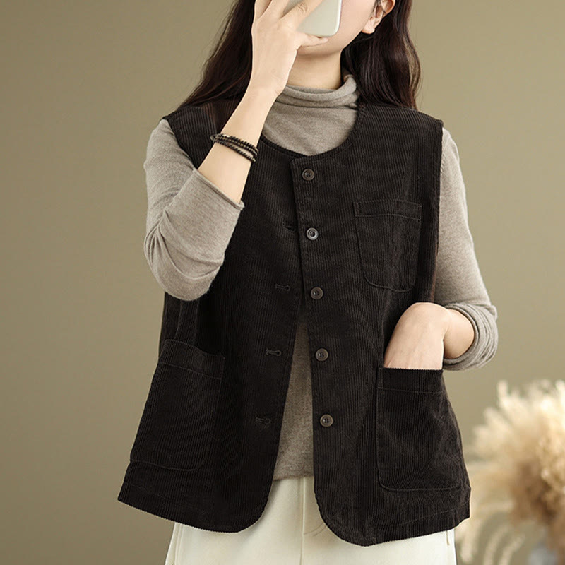Corduroy Buttons Women's Sleeveless Cotton Vest Waistcoat With Pockets - Image 11