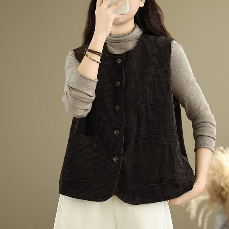 Corduroy Buttons Women's Sleeveless Cotton Vest Waistcoat With Pockets - Image 9