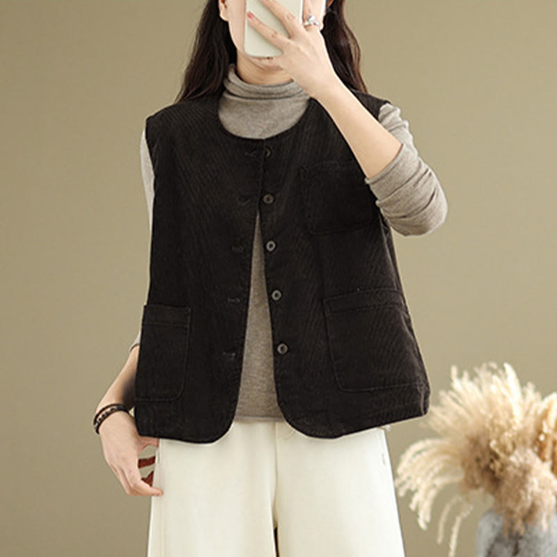 Corduroy Buttons Women's Sleeveless Cotton Vest Waistcoat With Pockets - Image 13