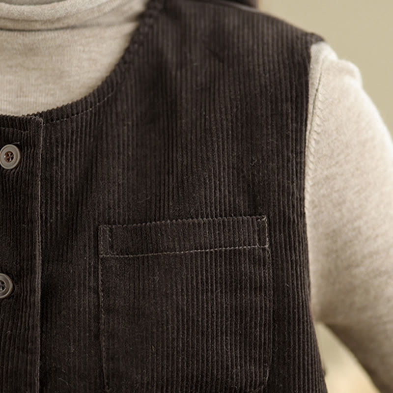 Corduroy Buttons Women's Sleeveless Cotton Vest Waistcoat With Pockets - Image 16