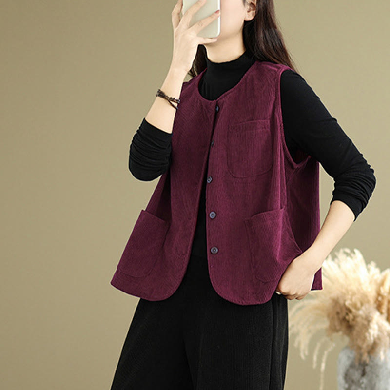Corduroy Buttons Women's Sleeveless Cotton Vest Waistcoat With Pockets - Image 20