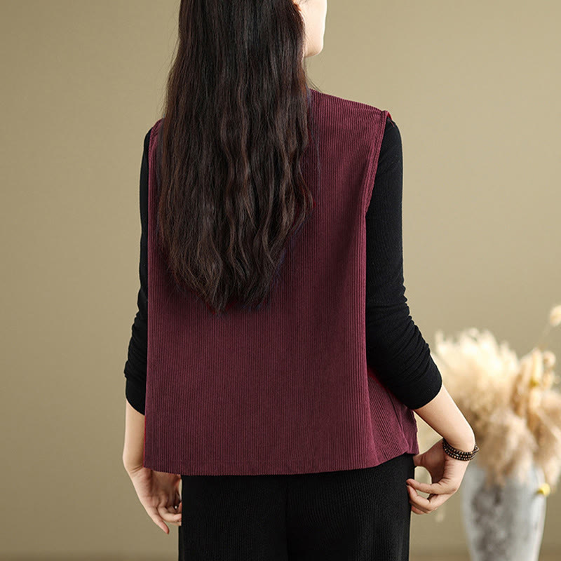 Corduroy Buttons Women's Sleeveless Cotton Vest Waistcoat With Pockets - Image 24