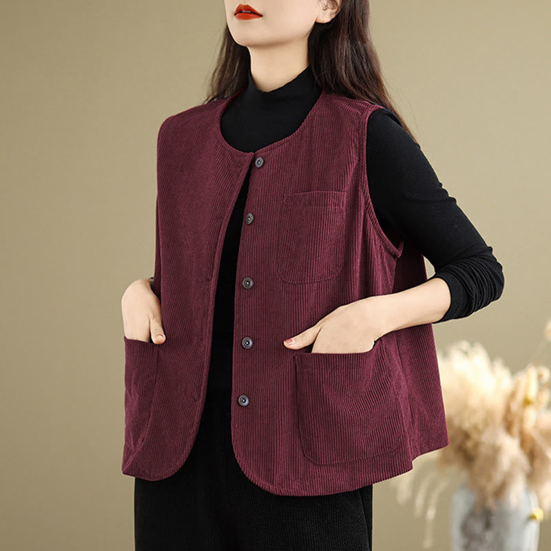 Corduroy Buttons Women's Sleeveless Cotton Vest Waistcoat With Pockets - Image 23