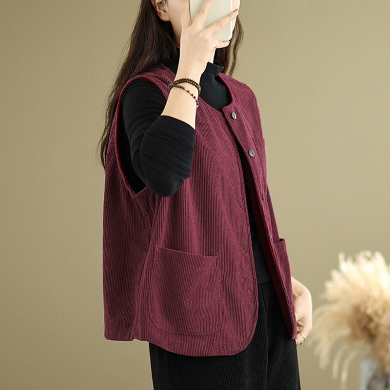 Corduroy Buttons Women's Sleeveless Cotton Vest Waistcoat With Pockets - Image 21