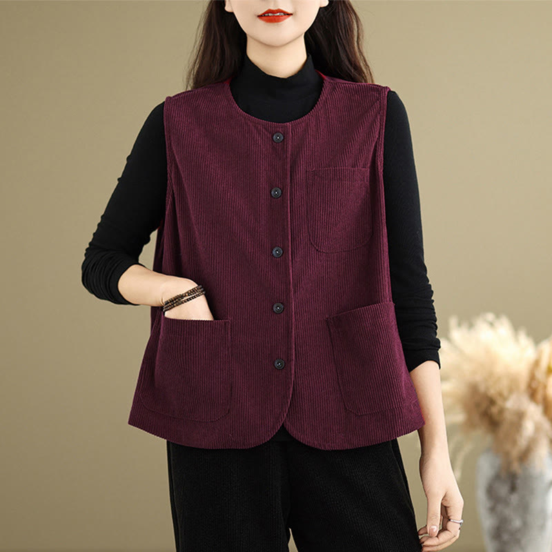 Corduroy Buttons Women's Sleeveless Cotton Vest Waistcoat With Pockets - Image 19