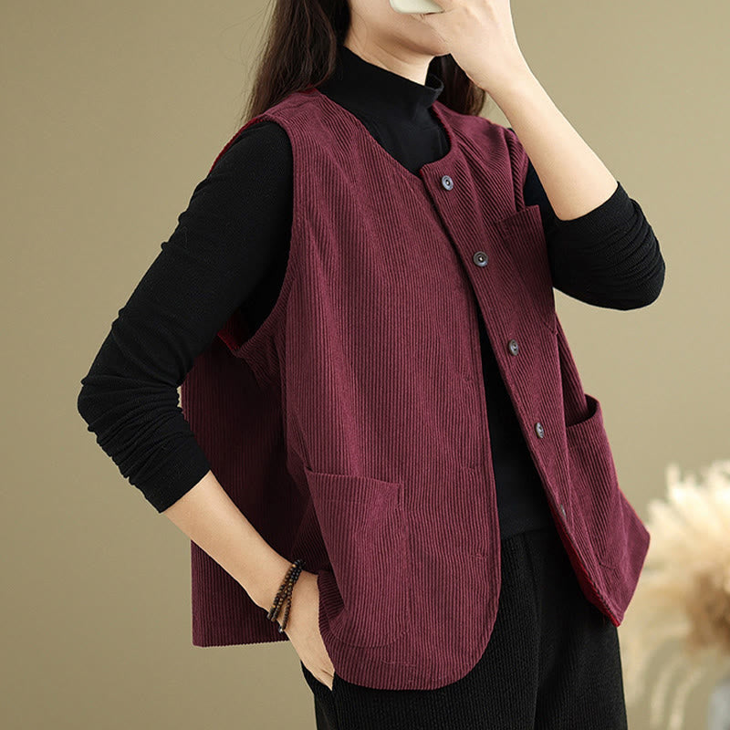 Corduroy Buttons Women's Sleeveless Cotton Vest Waistcoat With Pockets - Image 25