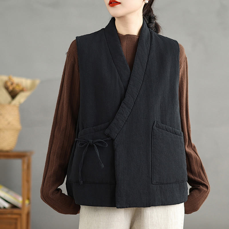 Plain Lace-up Women's Sleeveless Cotton Vest Waistcoat With Pockets
