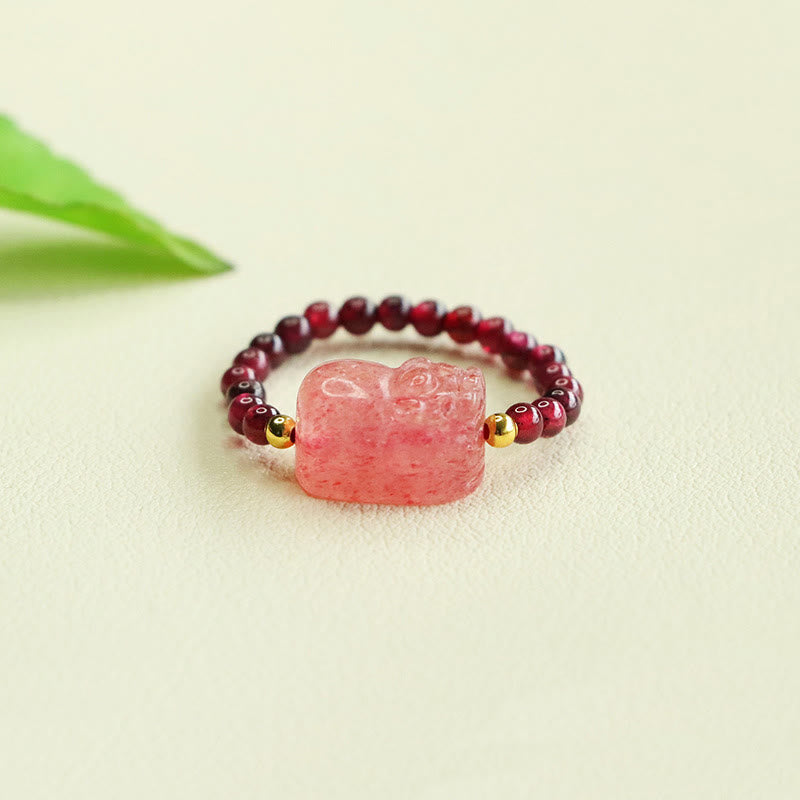 Garnet Beads Strawberry Quartz Pixiu Protection Ring