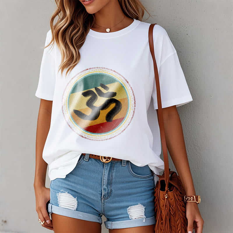 Vibrant Color Simple Circular Mandala Pattern Om Symbol Tee Cotton T-shirt - Image 3