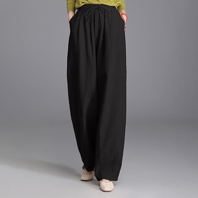 Women's Casual Vintage Plain Drawstring Carrot Design Cotton Linen Pants With Pockets - Image 9