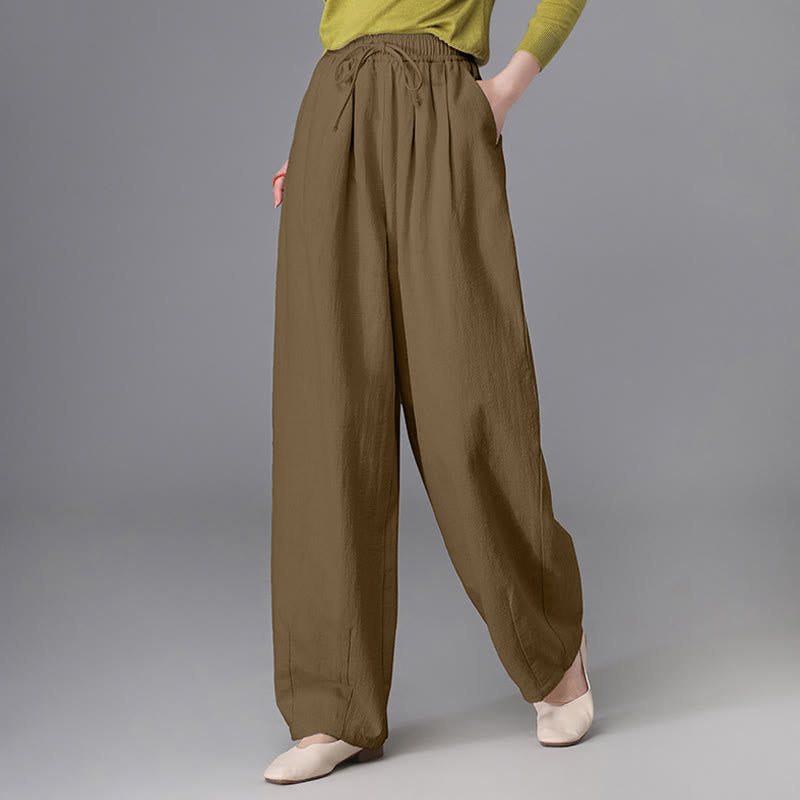 Women's Casual Vintage Plain Drawstring Carrot Design Cotton Linen Pants With Pockets - Image 16