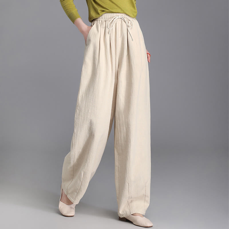 Women's Casual Vintage Plain Drawstring Carrot Design Cotton Linen Pants With Pockets