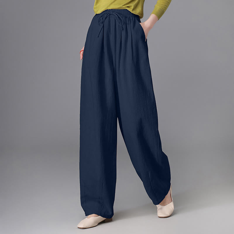 Women's Casual Vintage Plain Drawstring Carrot Design Cotton Linen Pants With Pockets - Image 21