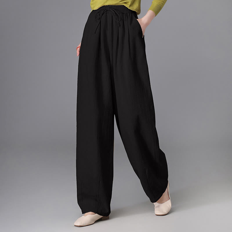 Women's Casual Vintage Plain Drawstring Carrot Design Cotton Linen Pants With Pockets - Image 10
