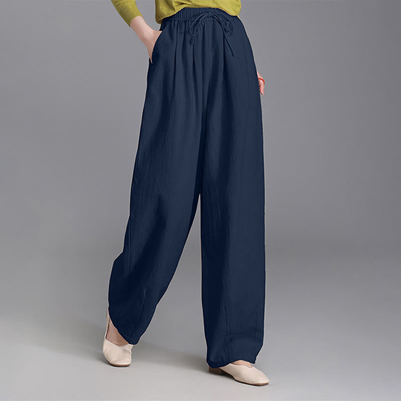 Women's Casual Vintage Plain Drawstring Carrot Design Cotton Linen Pants With Pockets - Image 19