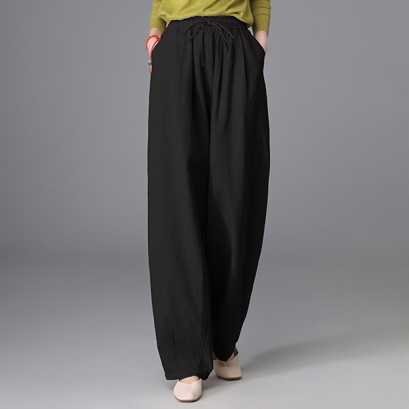 Women's Casual Vintage Plain Drawstring Carrot Design Cotton Linen Pants With Pockets - Image 12