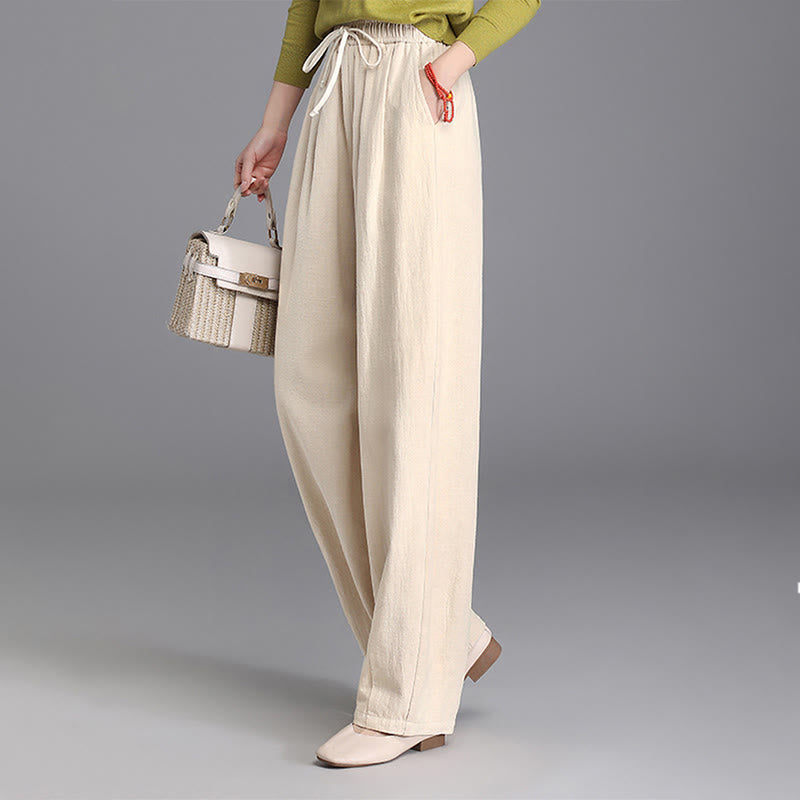 Women's Casual Vintage Plain Drawstring Carrot Design Cotton Linen Pants With Pockets - Image 3