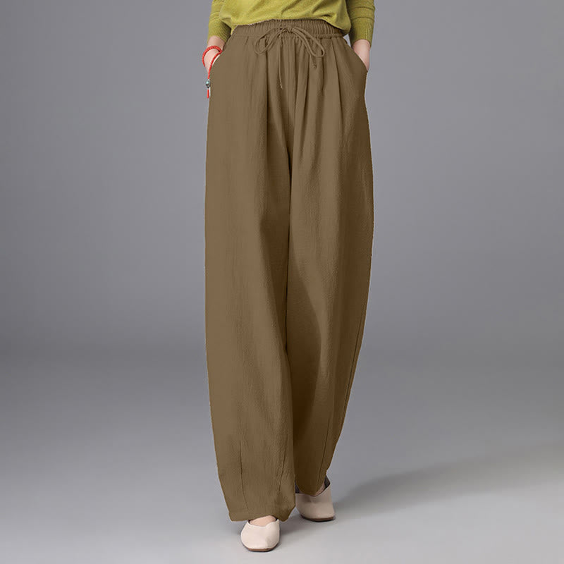 Women's Casual Vintage Plain Drawstring Carrot Design Cotton Linen Pants With Pockets - Image 15