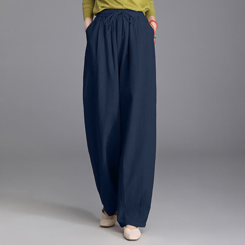 Women's Casual Vintage Plain Drawstring Carrot Design Cotton Linen Pants With Pockets - Image 20