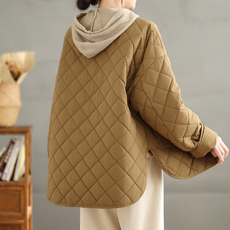 Women's Buttons Design Cotton Thermal Diamond-quilted Long Sleeve Jacket With Pockets - Image 6