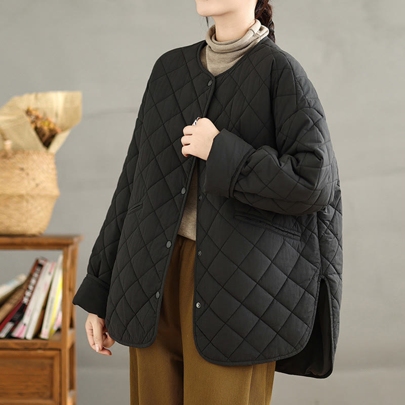Women's Buttons Design Cotton Thermal Diamond-quilted Long Sleeve Jacket With Pockets - Image 21