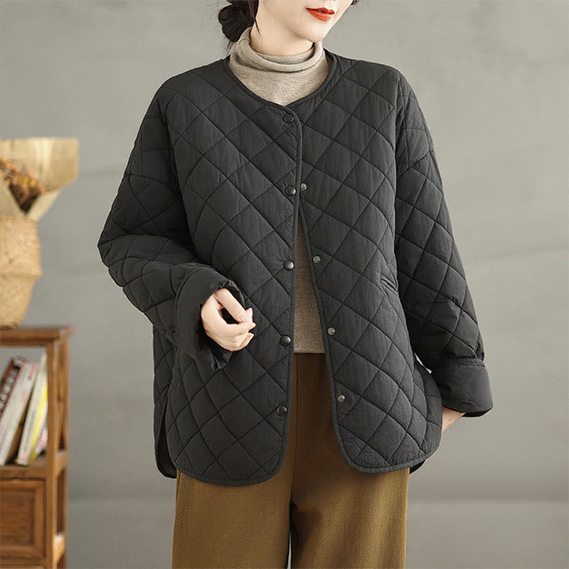 Women's Buttons Design Cotton Thermal Diamond-quilted Long Sleeve Jacket With Pockets - Image 19