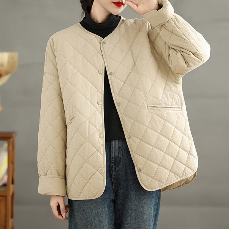 Women's Buttons Design Cotton Thermal Diamond-quilted Long Sleeve Jacket With Pockets - Image 15
